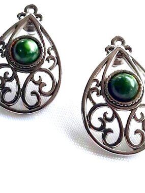 Openwork Silver With Dark Green Turquoise Center Stones Earrings